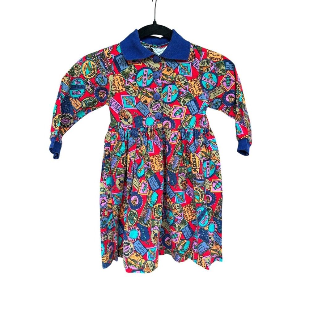 Vintage 90s Girls Travel Dress 4 Years Unique AOP With Collar Excellent USA Made